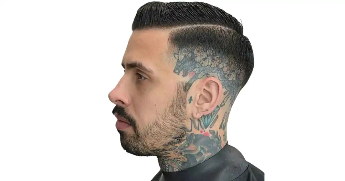 Fade Cut with Hair Tattoos and Hard Part